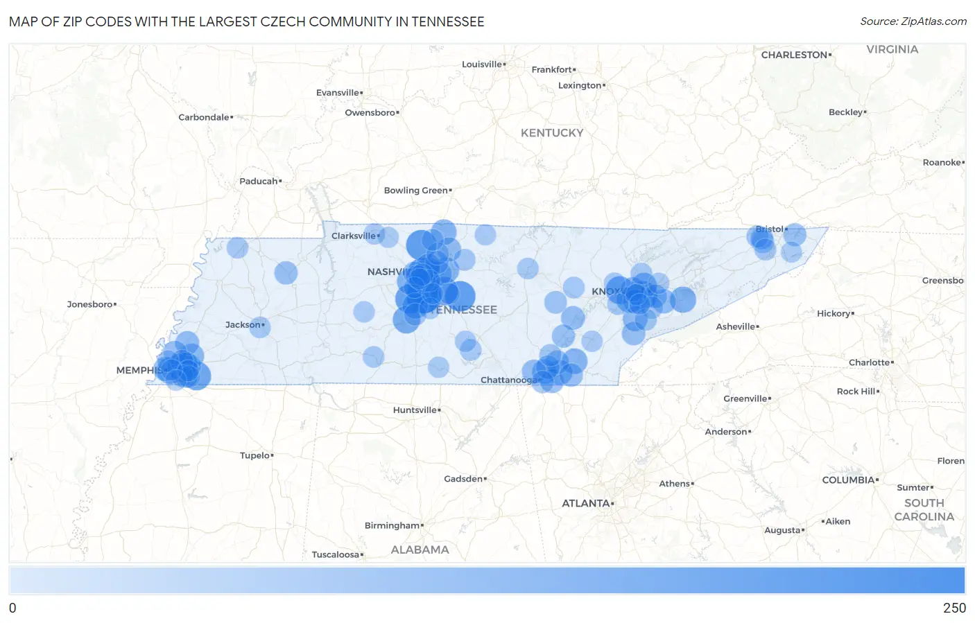 Zip Codes with the Largest Czech Community in Tennessee Map