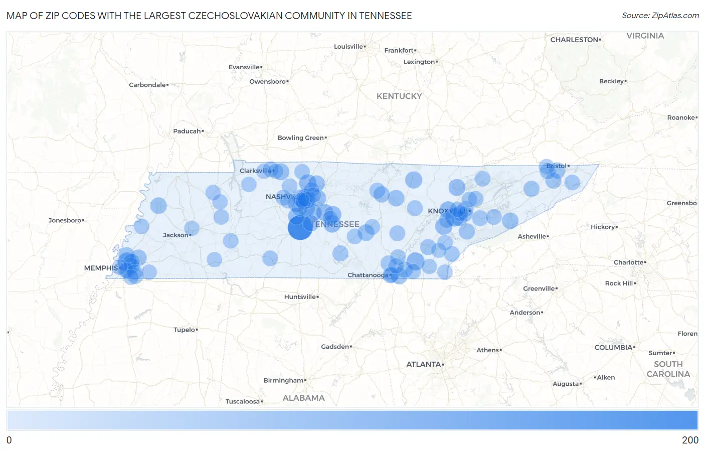 Zip Codes with the Largest Czechoslovakian Community in Tennessee Map