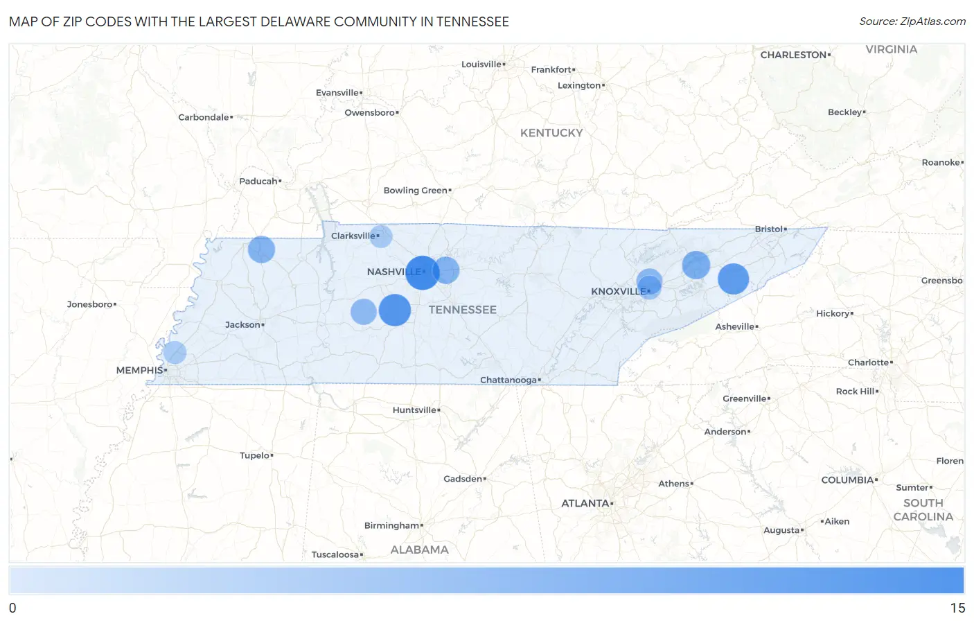 Zip Codes with the Largest Delaware Community in Tennessee Map