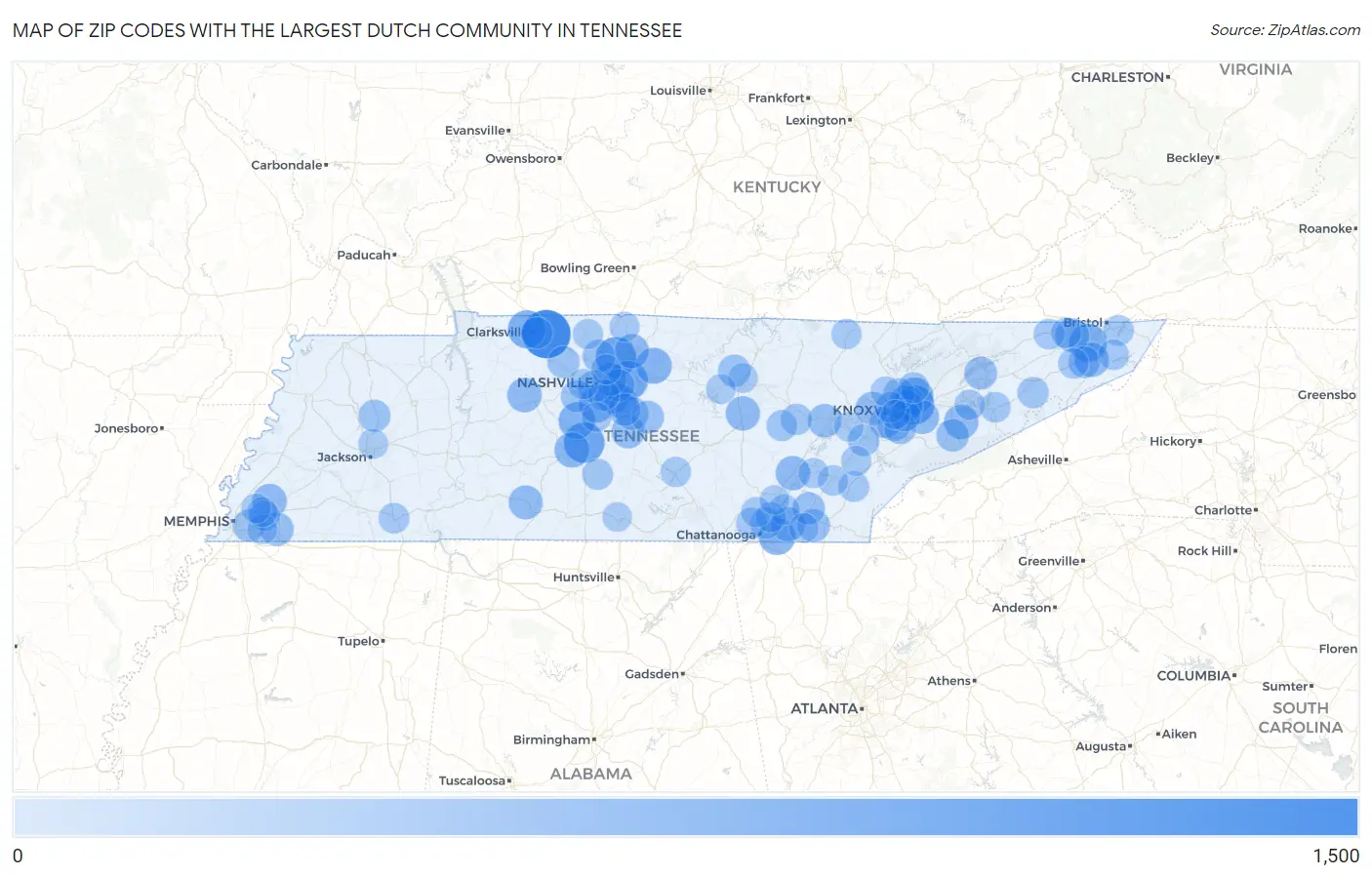 Zip Codes with the Largest Dutch Community in Tennessee Map