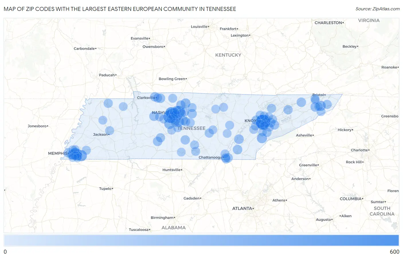 Zip Codes with the Largest Eastern European Community in Tennessee Map