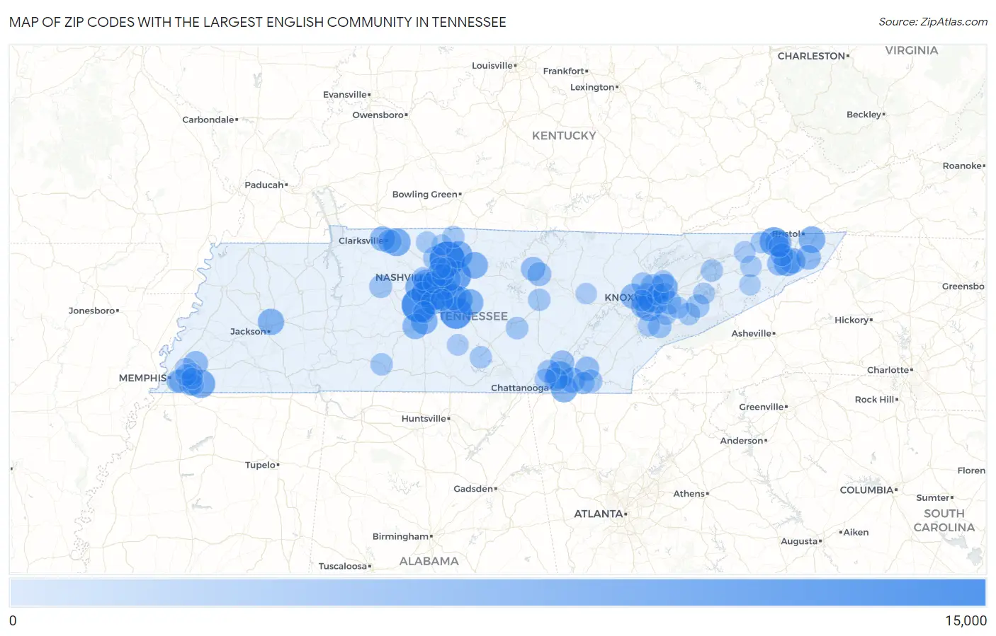 Zip Codes with the Largest English Community in Tennessee Map