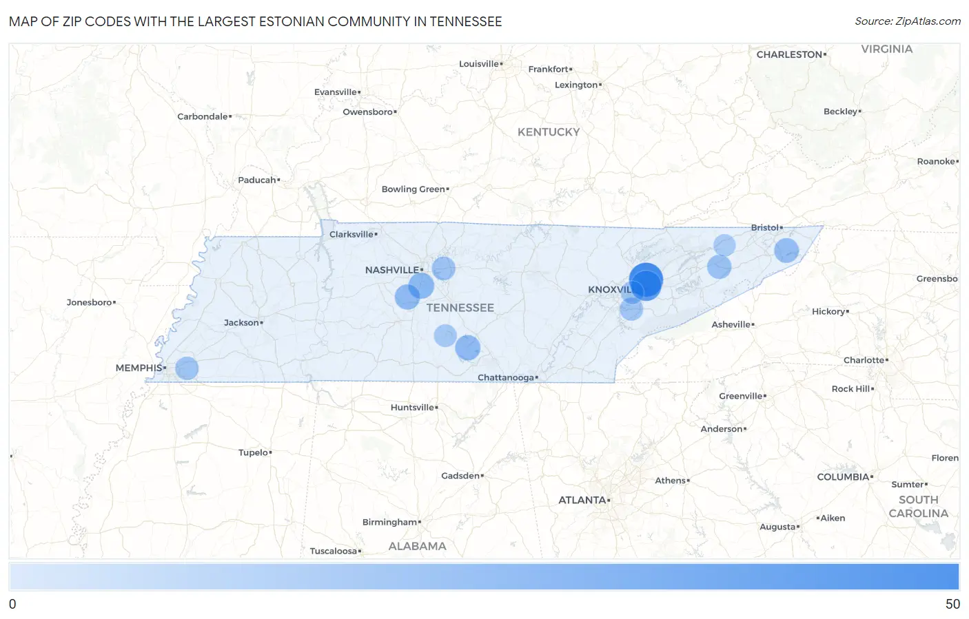 Zip Codes with the Largest Estonian Community in Tennessee Map