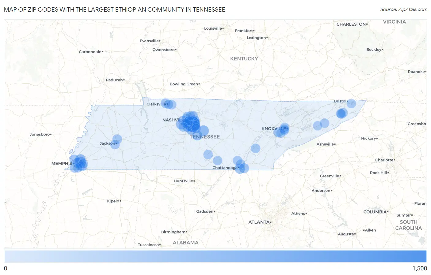 Zip Codes with the Largest Ethiopian Community in Tennessee Map