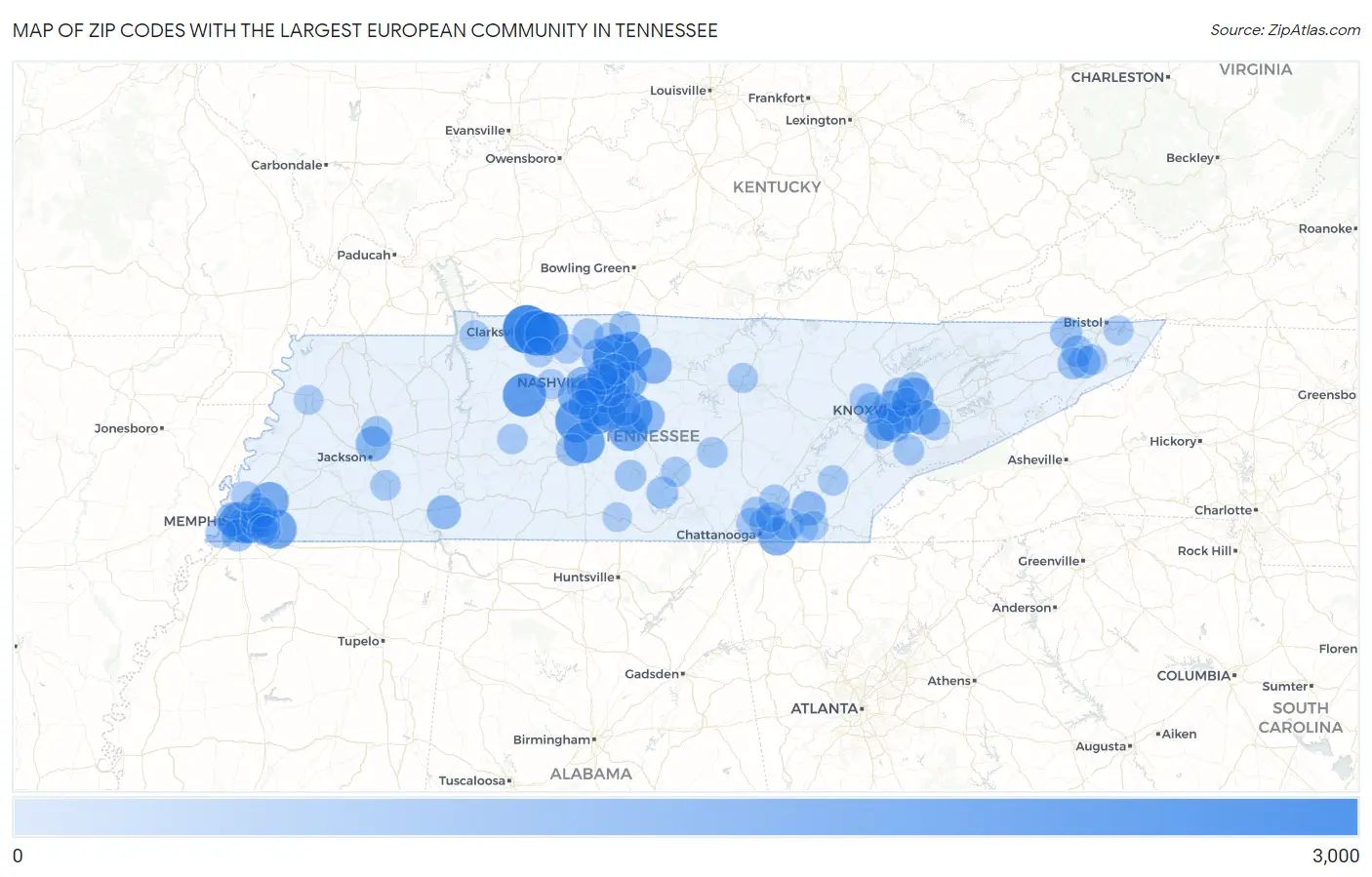 Zip Codes with the Largest European Community in Tennessee Map