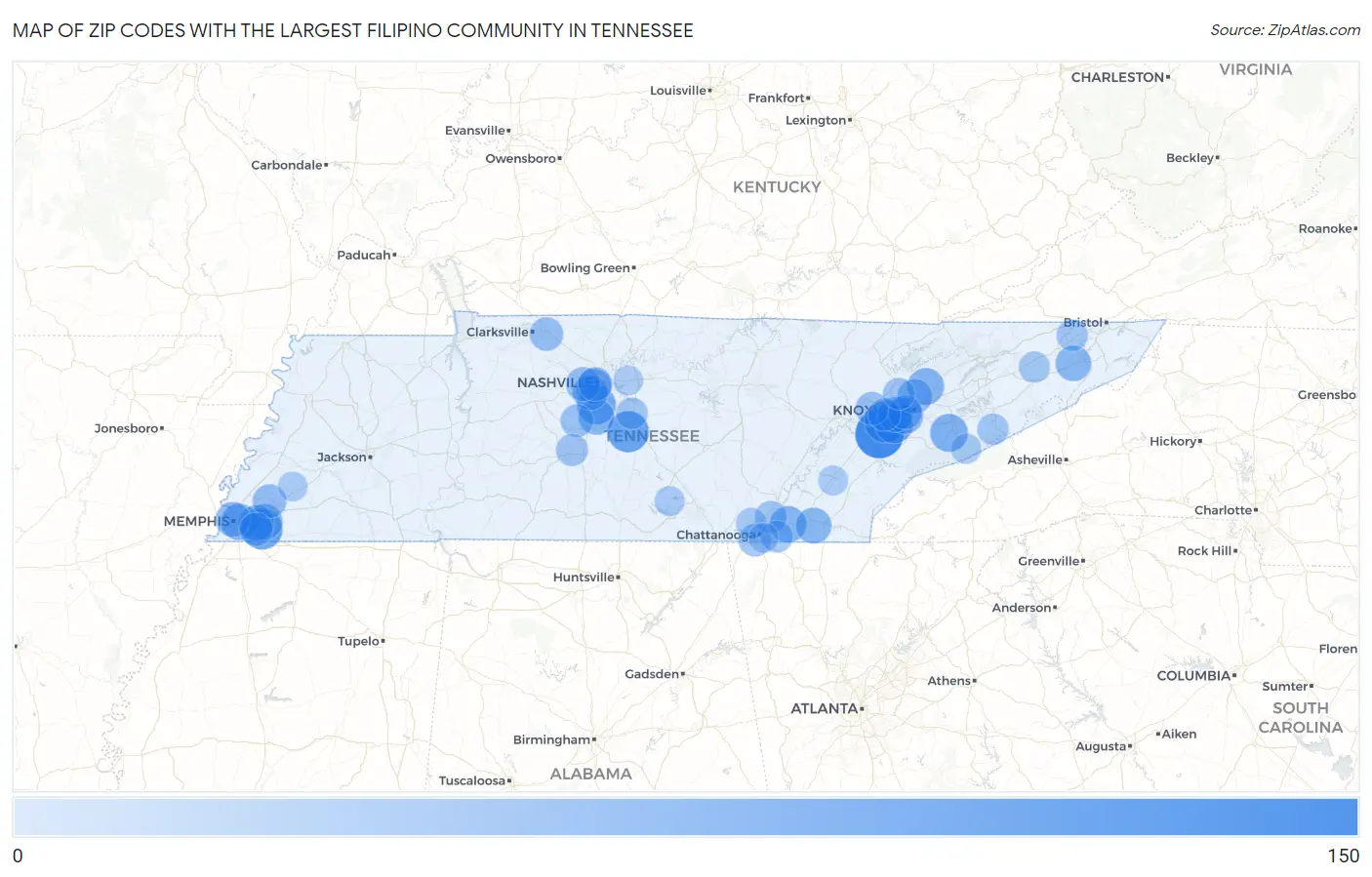 Zip Codes with the Largest Filipino Community in Tennessee Map