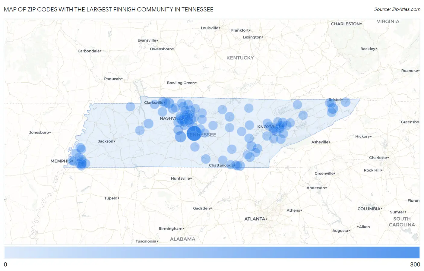 Zip Codes with the Largest Finnish Community in Tennessee Map