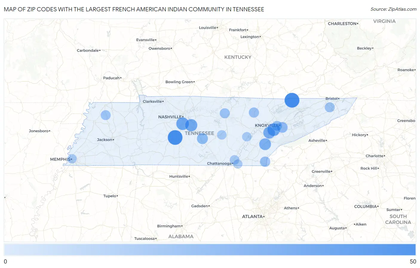 Zip Codes with the Largest French American Indian Community in Tennessee Map