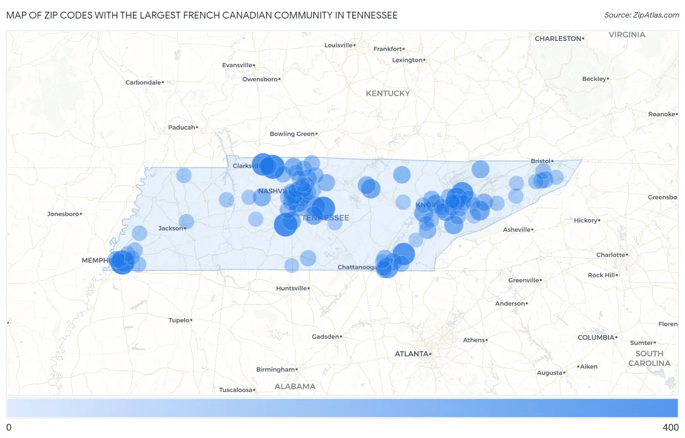 Zip Codes with the Largest French Canadian Community in Tennessee Map