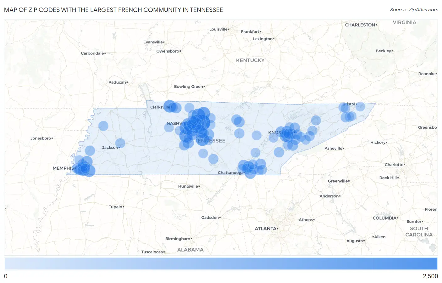 Zip Codes with the Largest French Community in Tennessee Map