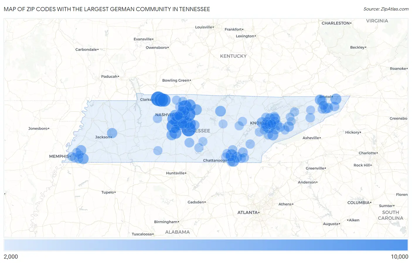 Zip Codes with the Largest German Community in Tennessee Map