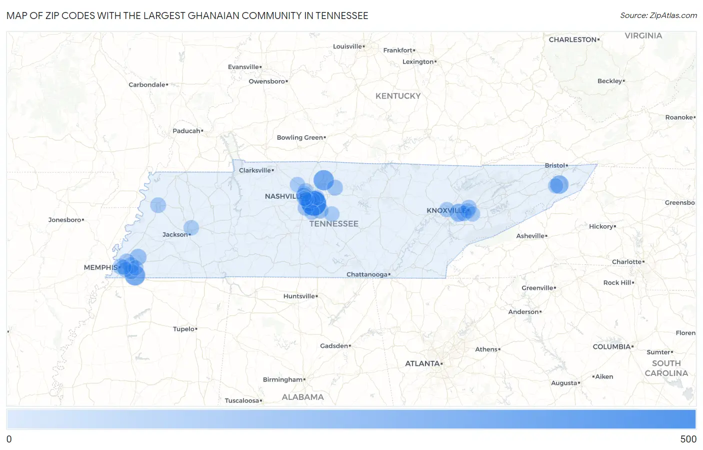 Zip Codes with the Largest Ghanaian Community in Tennessee Map