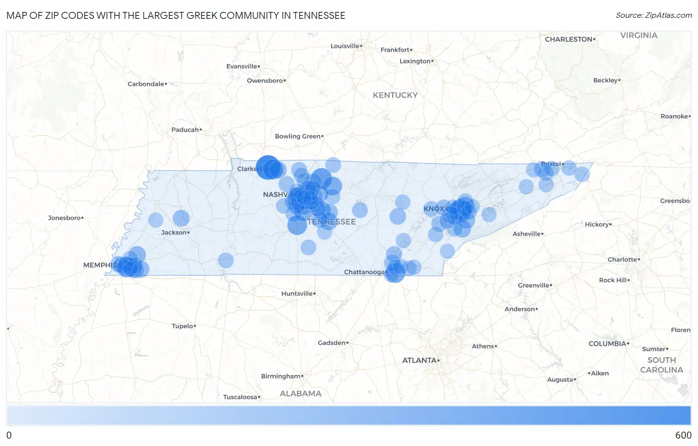 Zip Codes with the Largest Greek Community in Tennessee Map