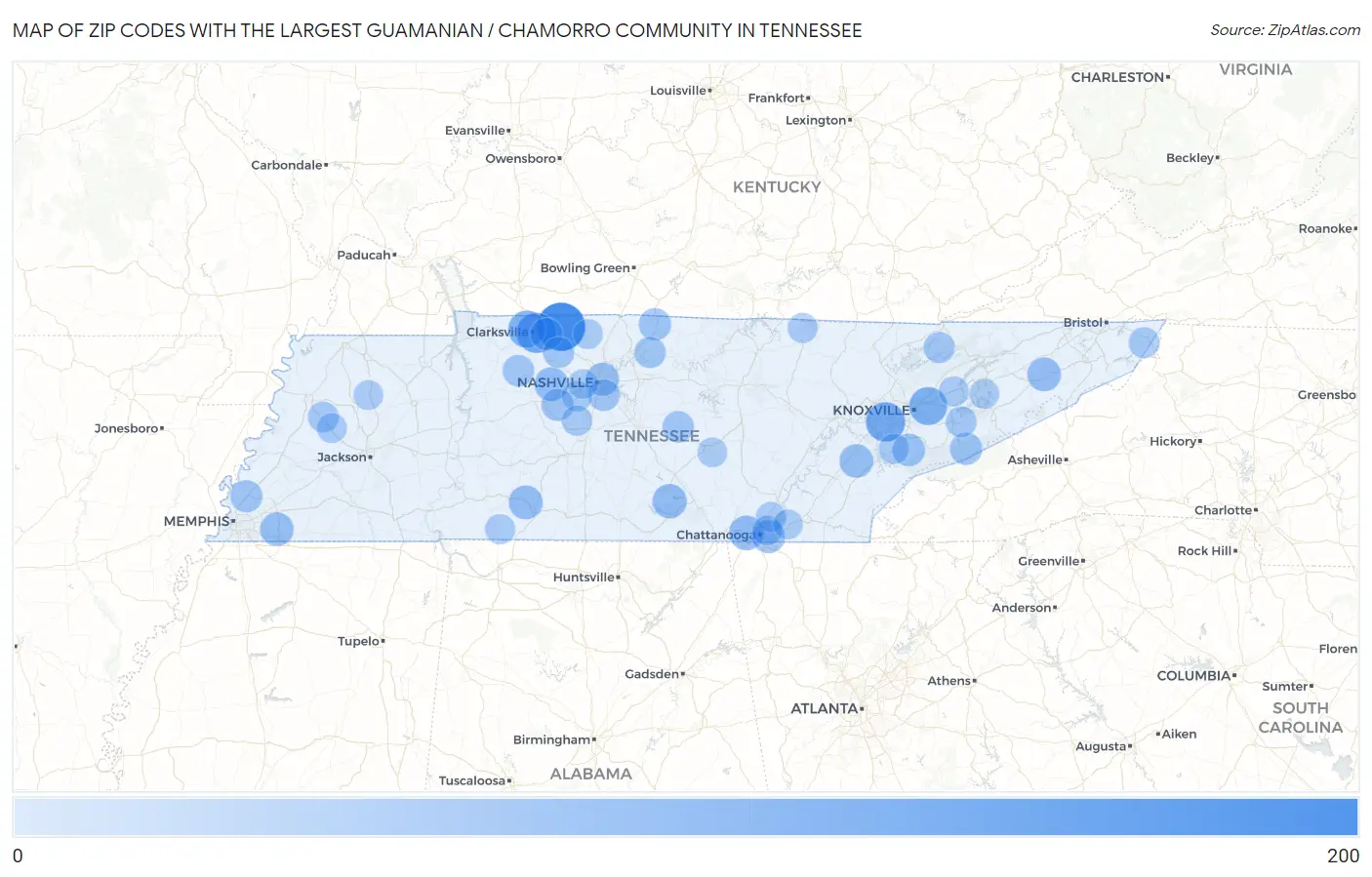 Zip Codes with the Largest Guamanian / Chamorro Community in Tennessee Map