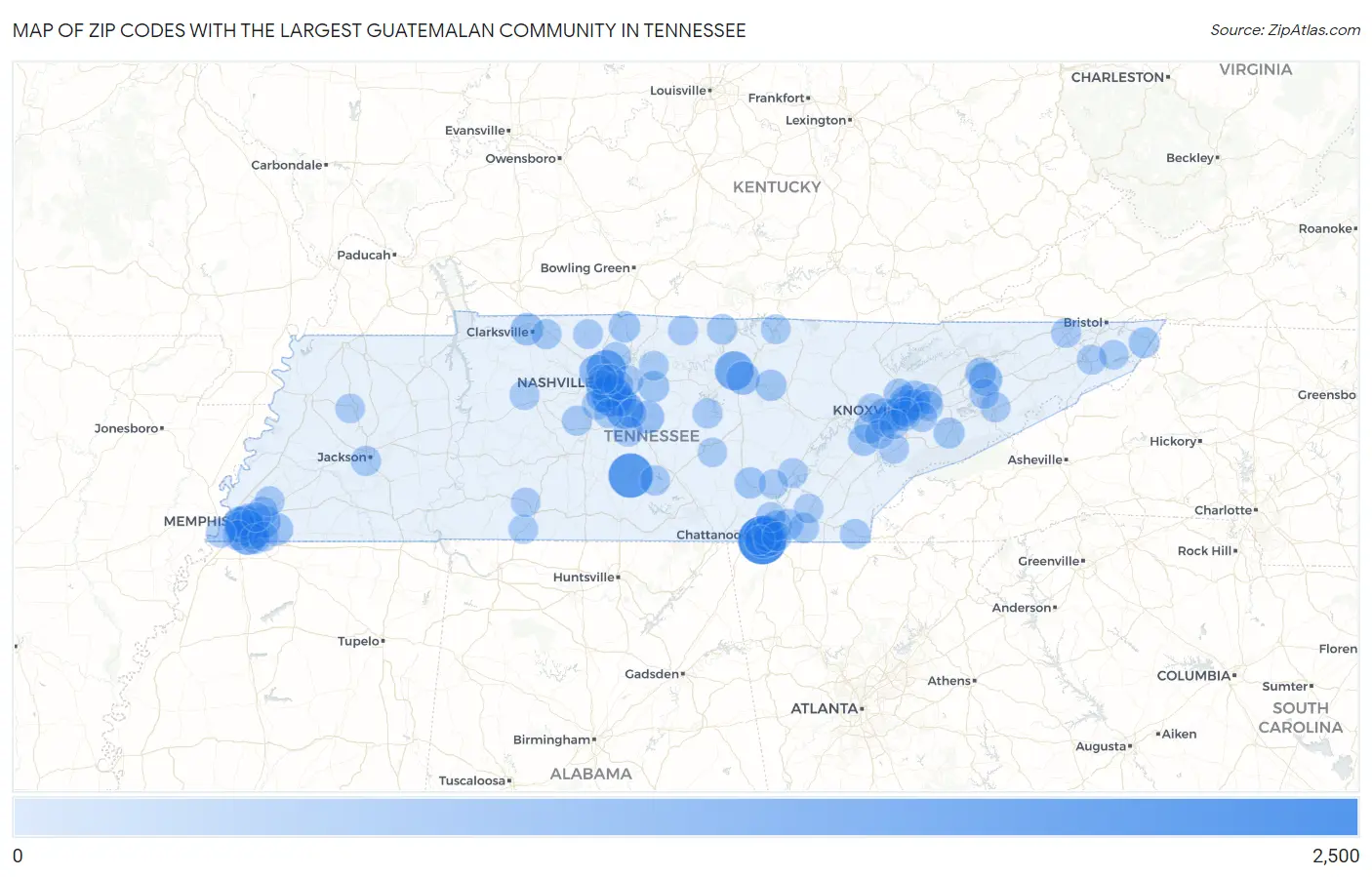 Zip Codes with the Largest Guatemalan Community in Tennessee Map