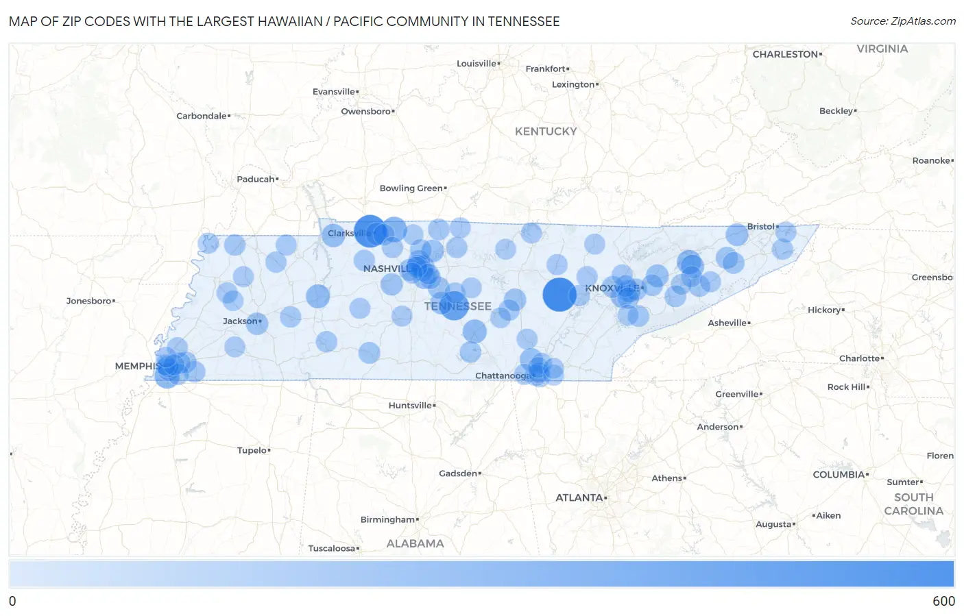 Zip Codes with the Largest Hawaiian / Pacific Community in Tennessee Map