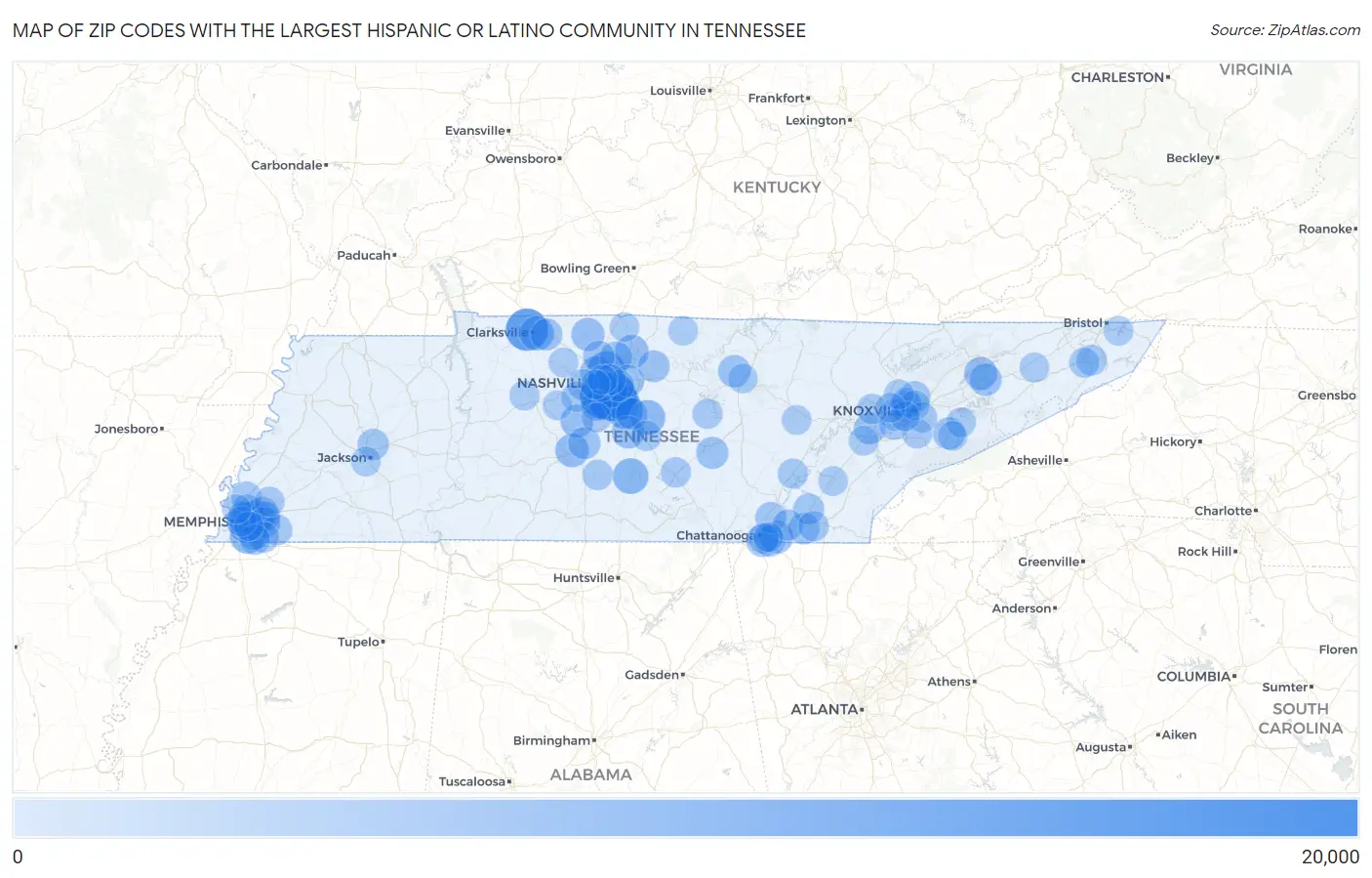 Zip Codes with the Largest Hispanic or Latino Community in Tennessee Map
