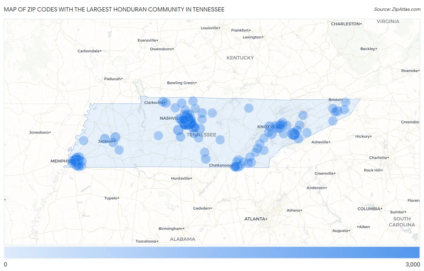 Zip Codes with the Largest Honduran Community in Tennessee Map