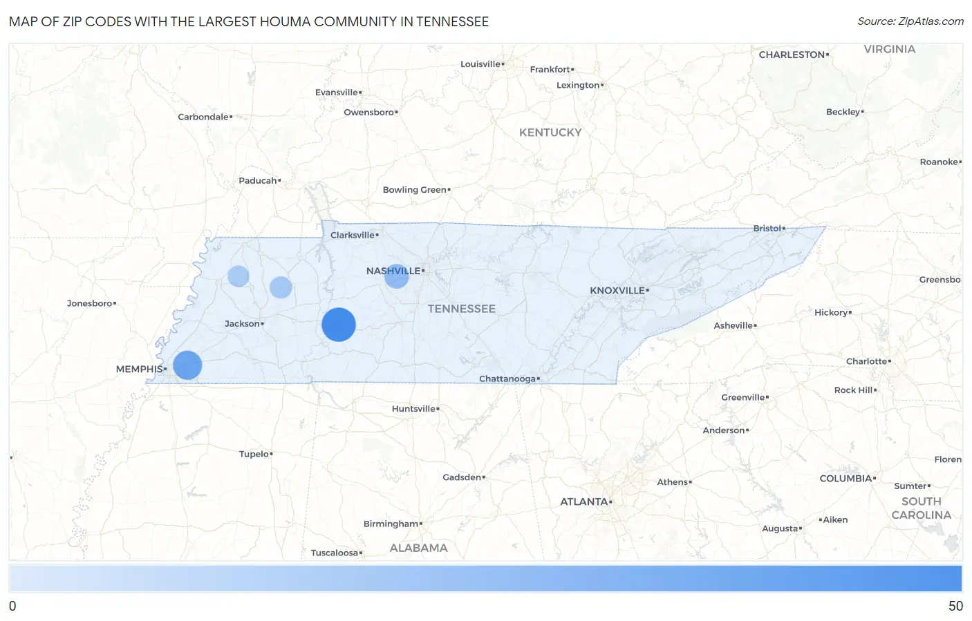 Zip Codes with the Largest Houma Community in Tennessee Map