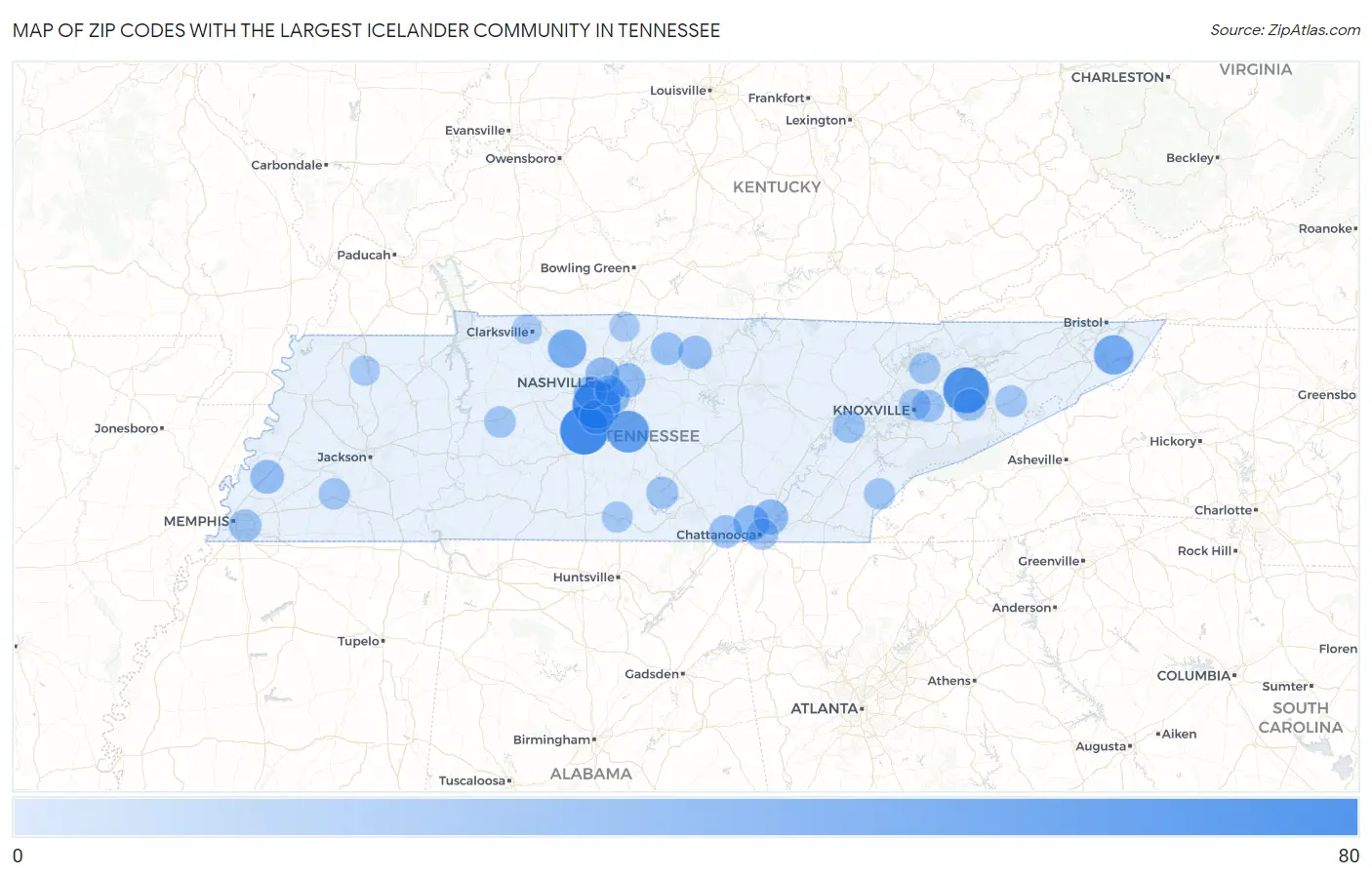 Zip Codes with the Largest Icelander Community in Tennessee Map