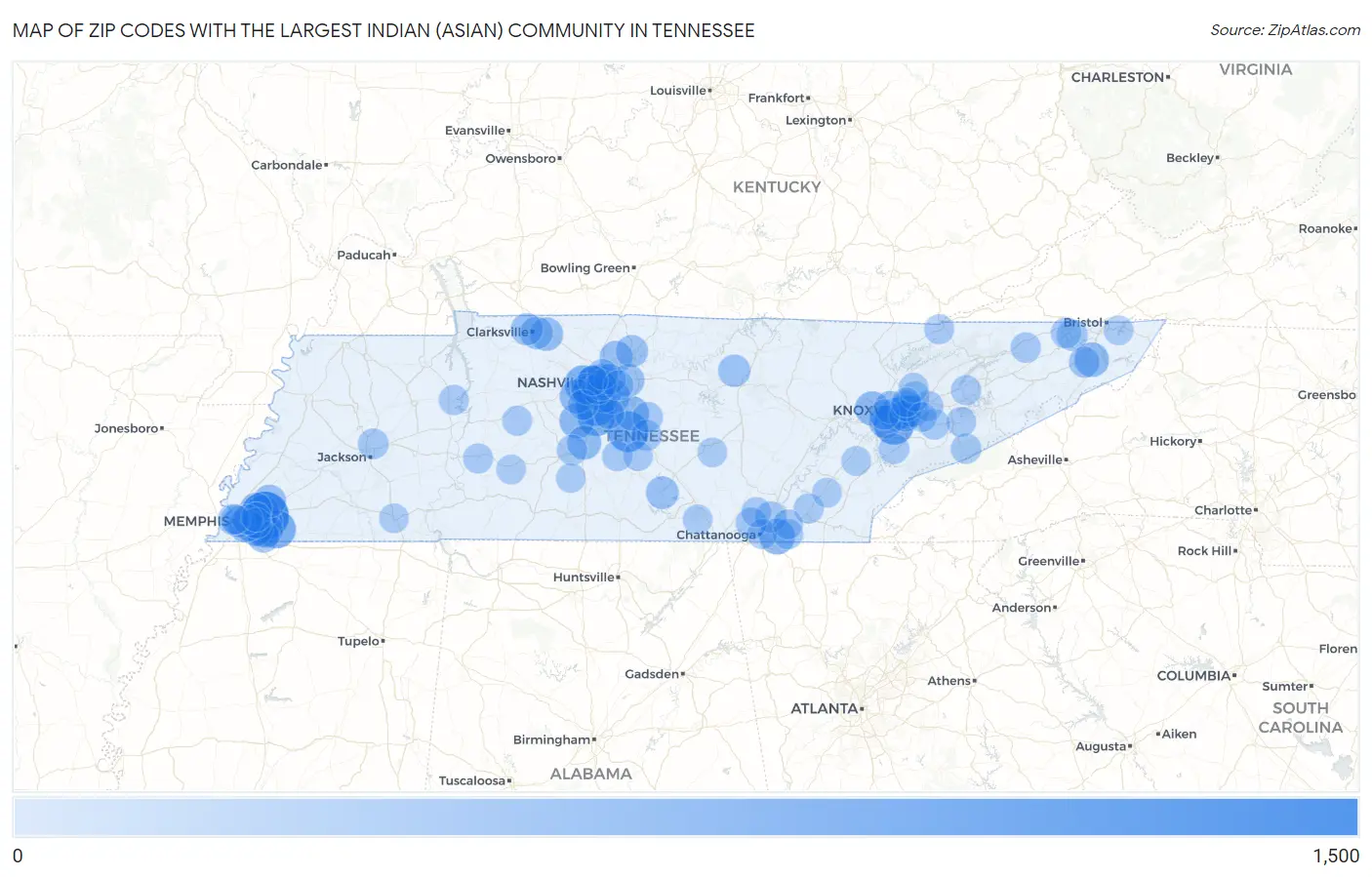 Zip Codes with the Largest Indian (Asian) Community in Tennessee Map