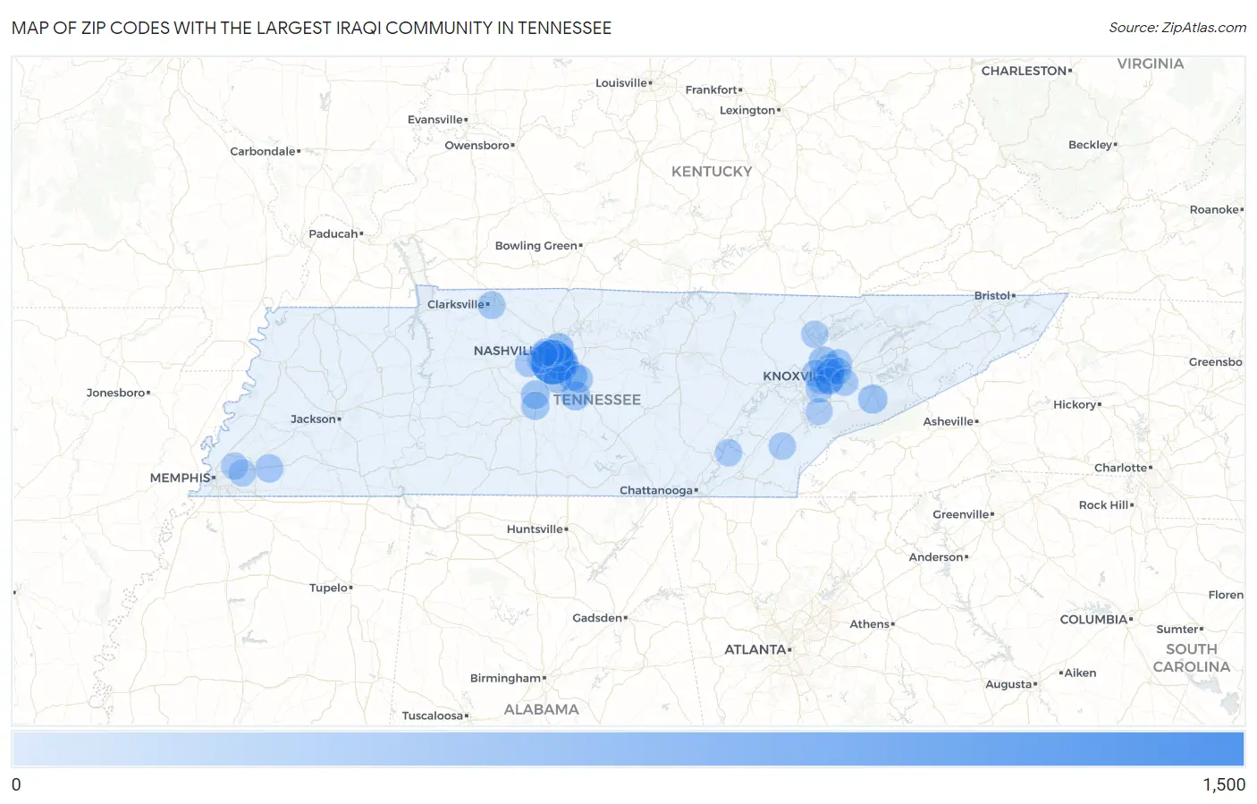 Zip Codes with the Largest Iraqi Community in Tennessee Map