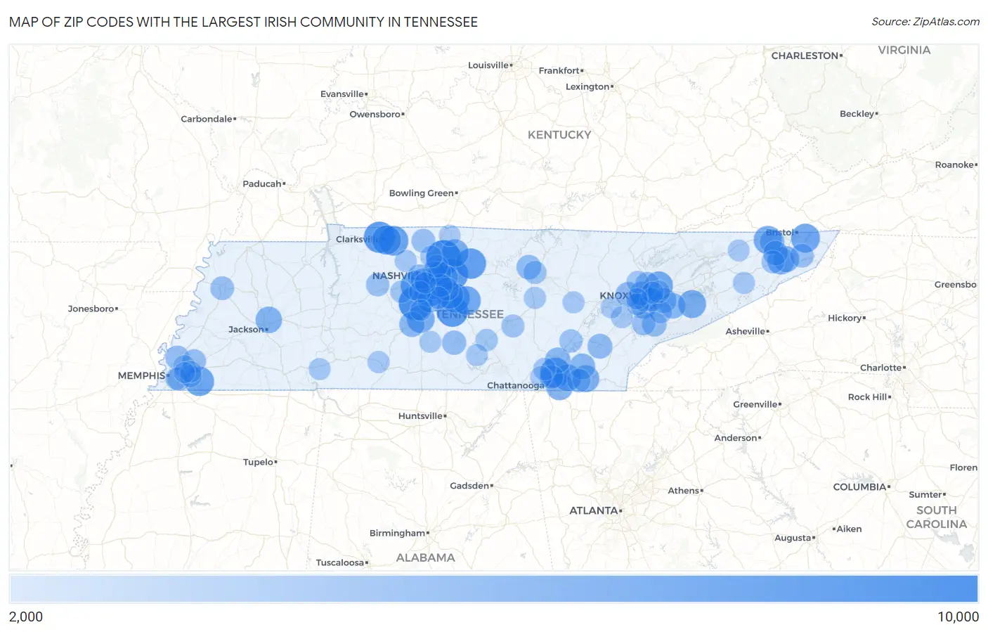 Zip Codes with the Largest Irish Community in Tennessee Map