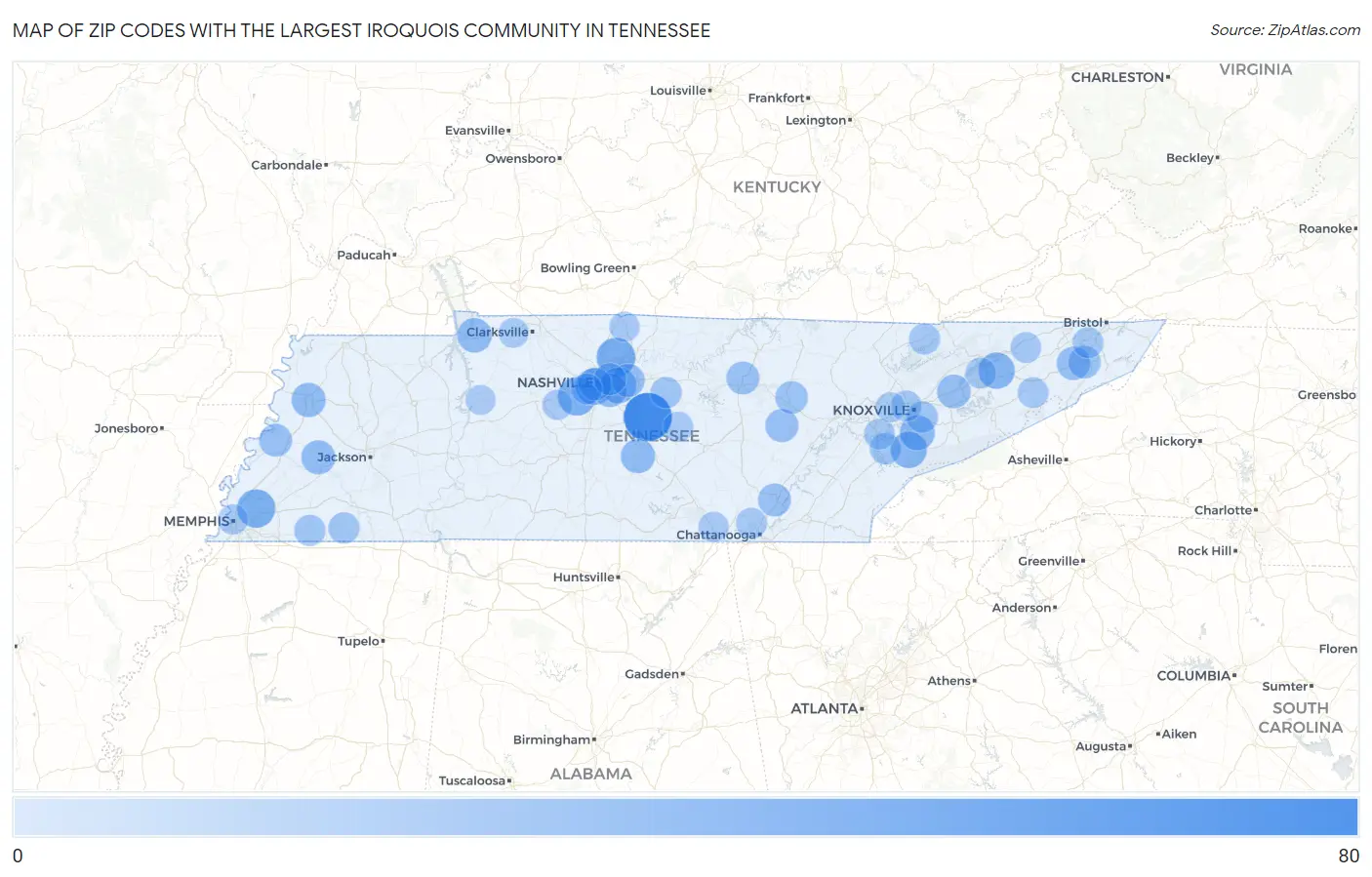 Zip Codes with the Largest Iroquois Community in Tennessee Map