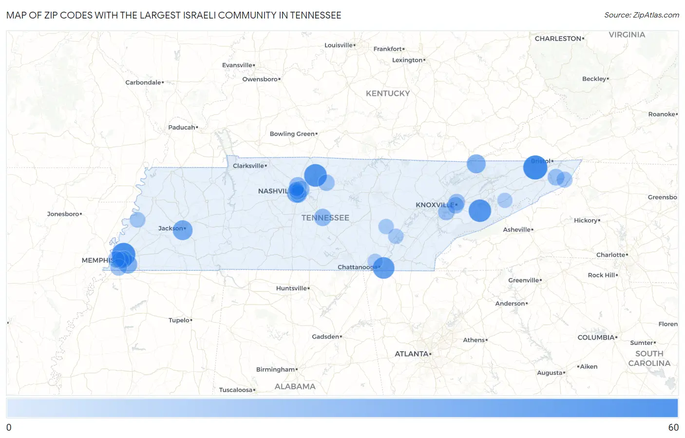 Zip Codes with the Largest Israeli Community in Tennessee Map