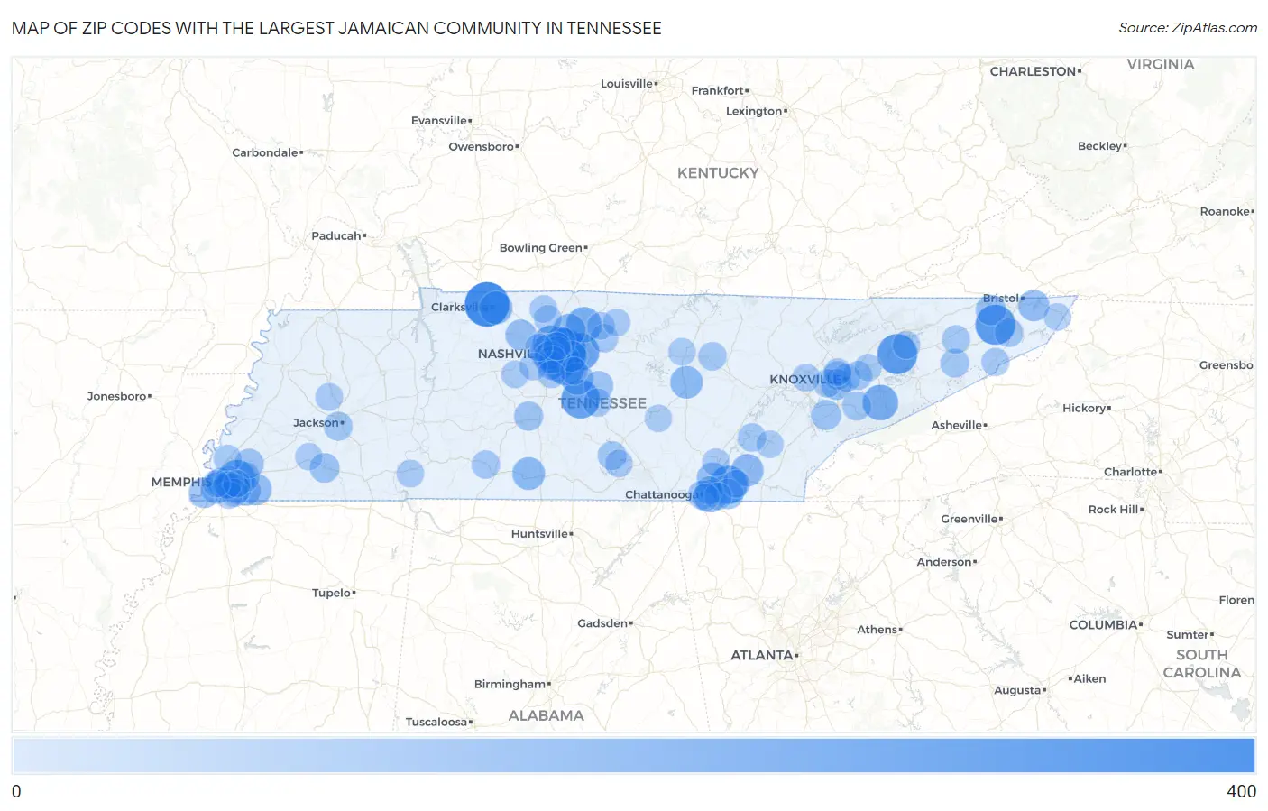 Zip Codes with the Largest Jamaican Community in Tennessee Map