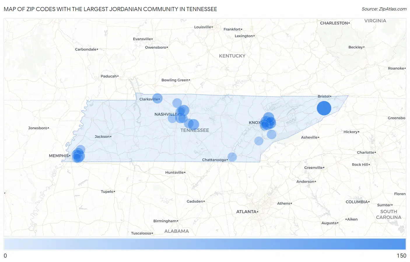 Zip Codes with the Largest Jordanian Community in Tennessee Map