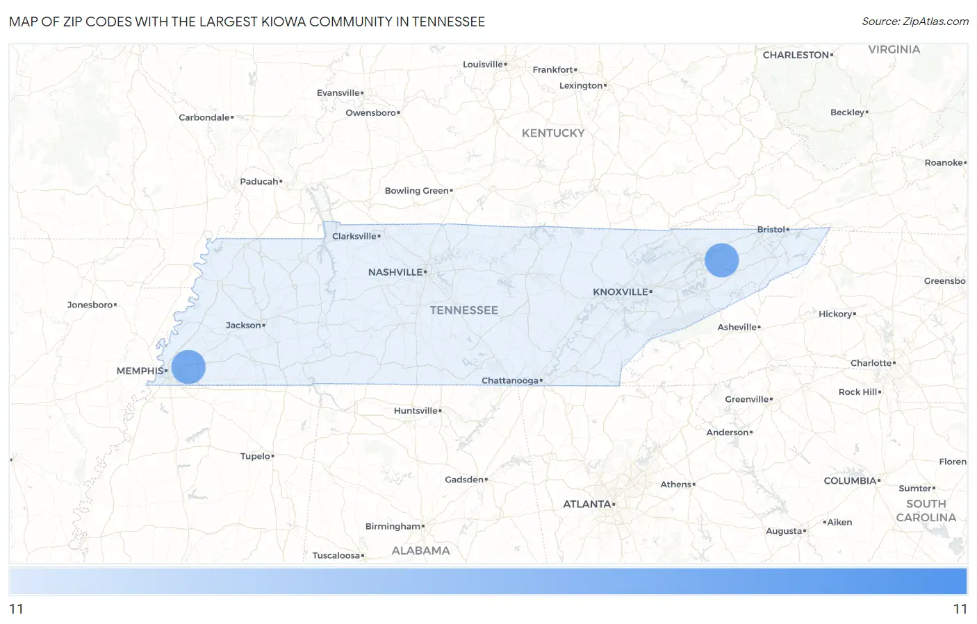 Zip Codes with the Largest Kiowa Community in Tennessee Map