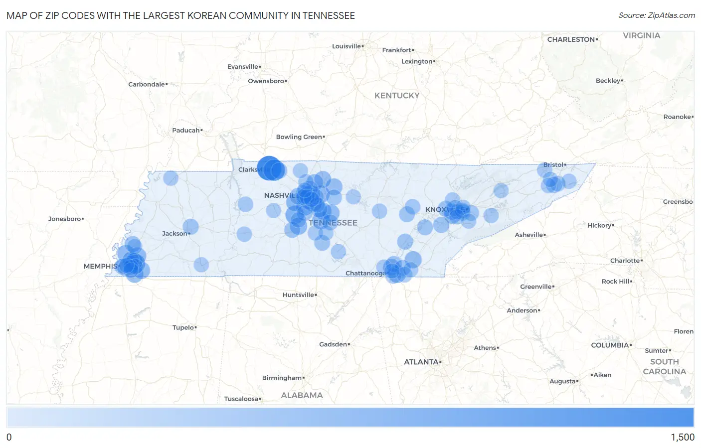 Zip Codes with the Largest Korean Community in Tennessee Map