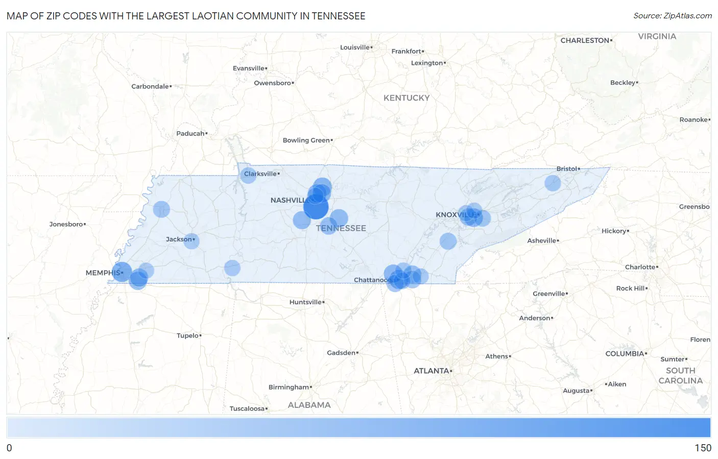 Zip Codes with the Largest Laotian Community in Tennessee Map