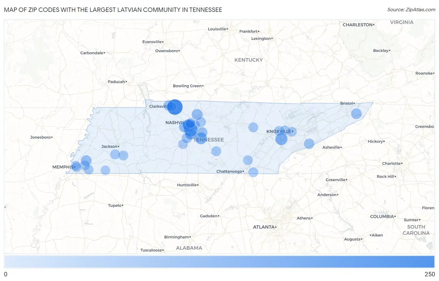 Zip Codes with the Largest Latvian Community in Tennessee Map