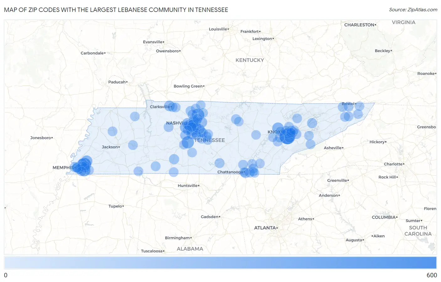 Zip Codes with the Largest Lebanese Community in Tennessee Map