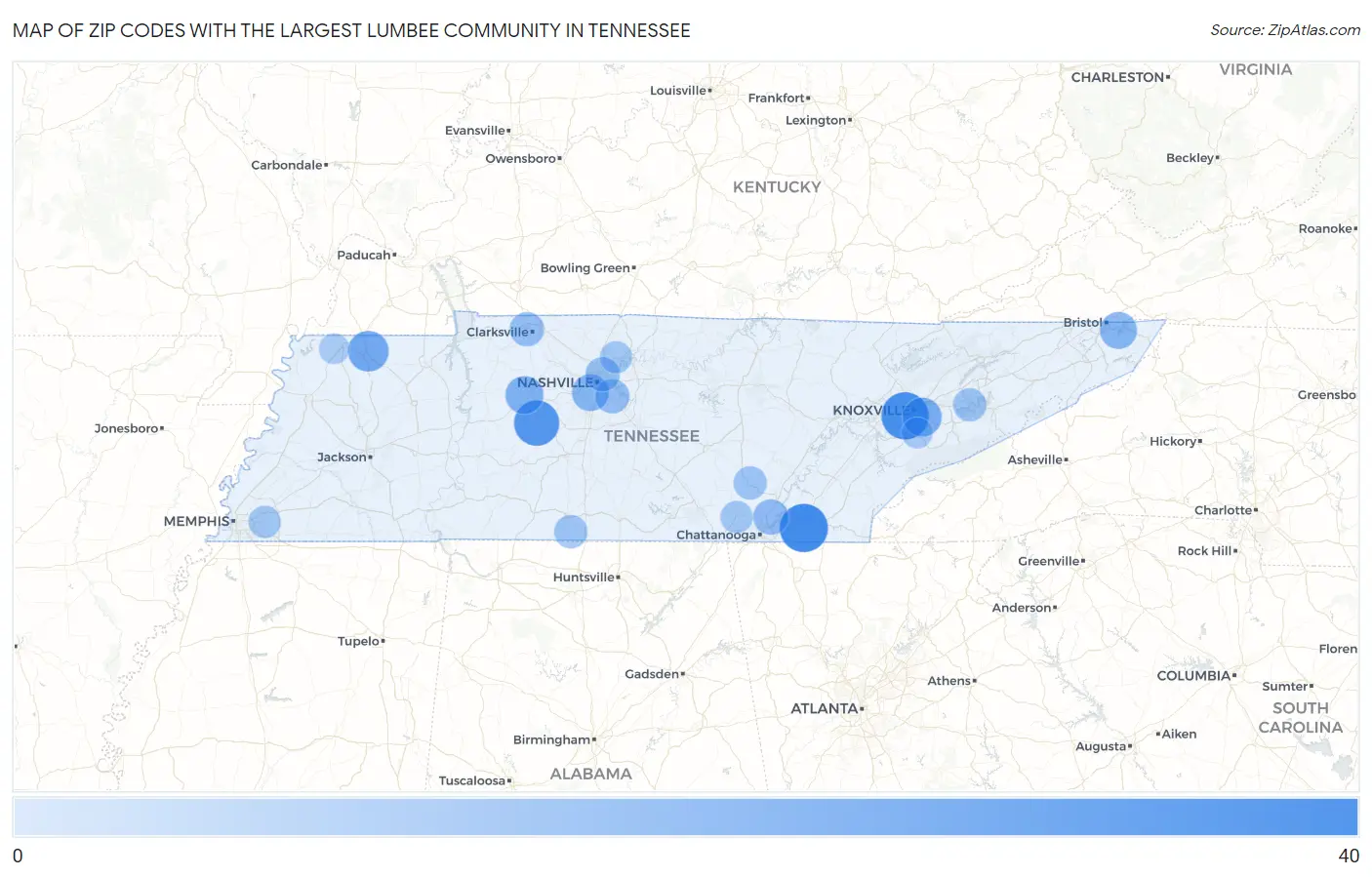 Zip Codes with the Largest Lumbee Community in Tennessee Map