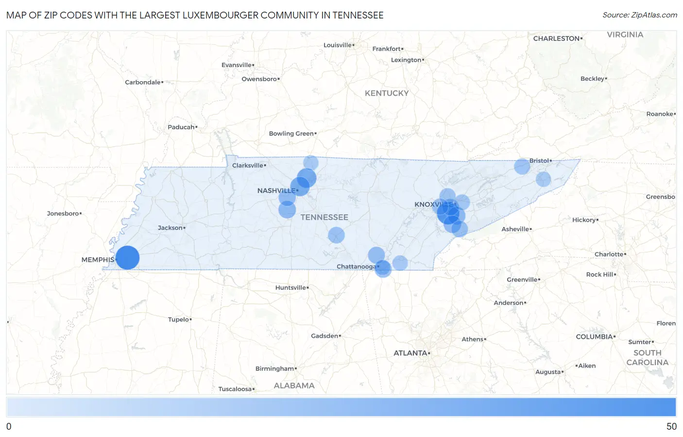 Zip Codes with the Largest Luxembourger Community in Tennessee Map