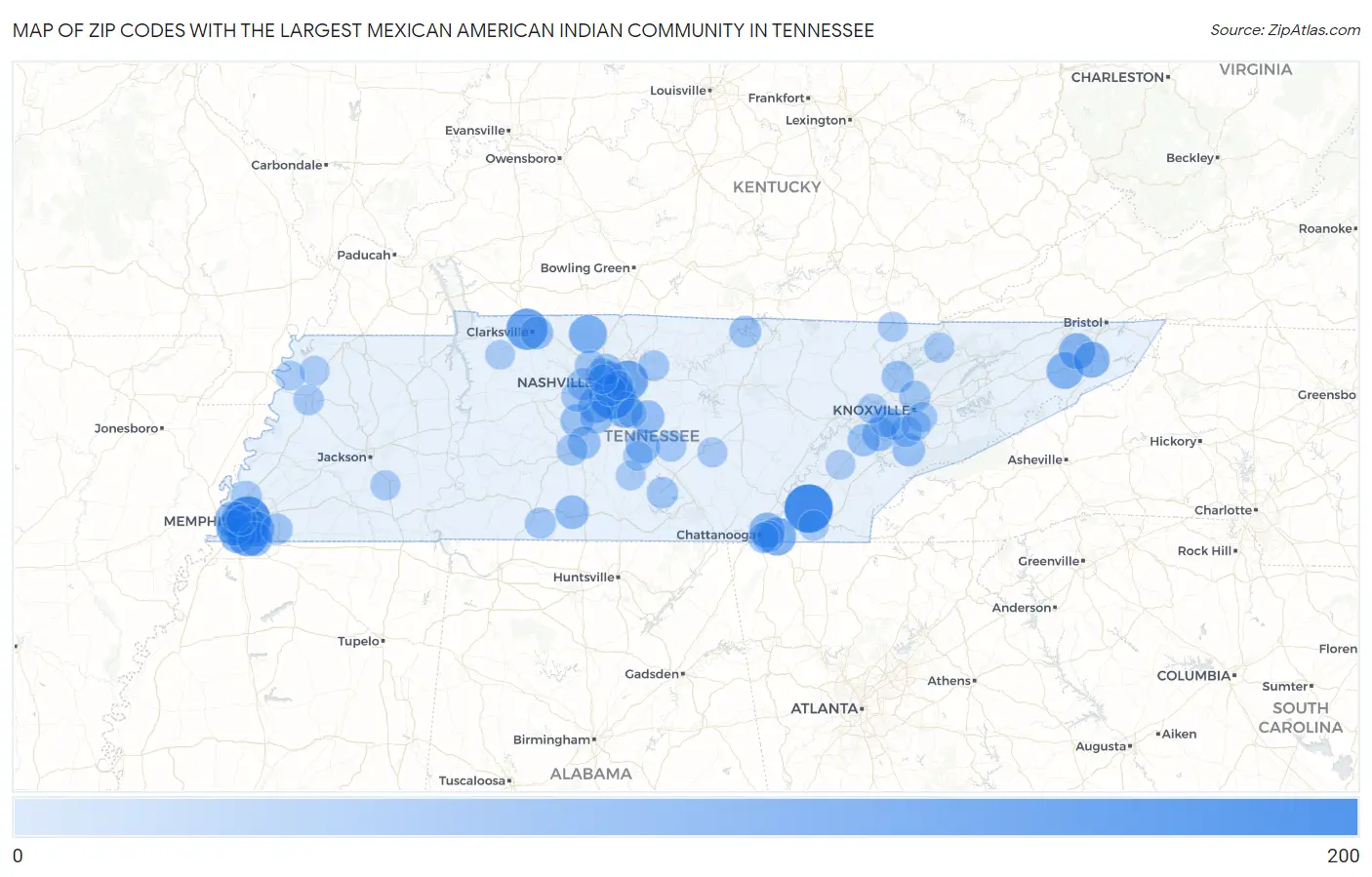 Zip Codes with the Largest Mexican American Indian Community in Tennessee Map