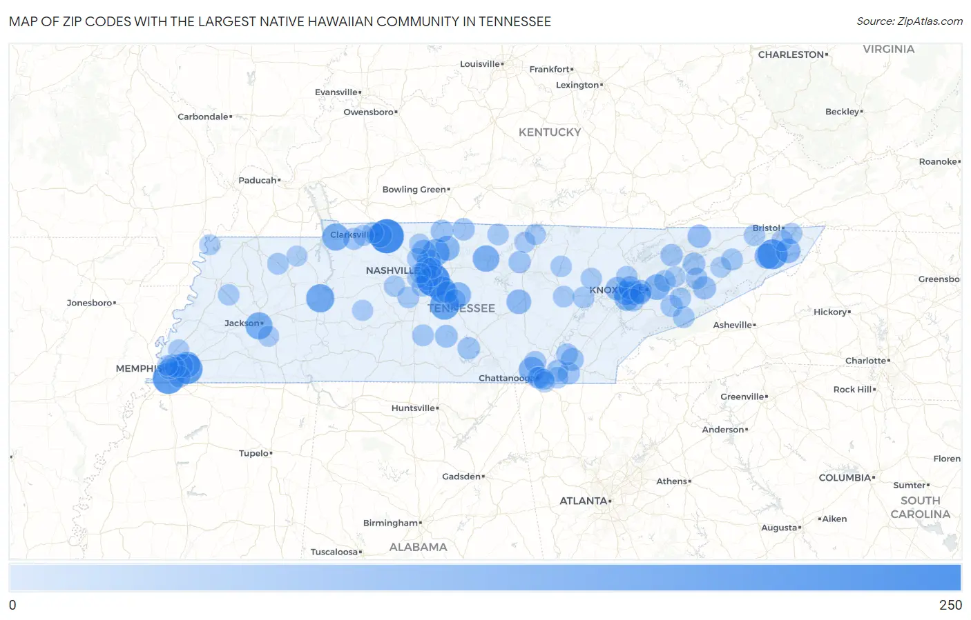 Zip Codes with the Largest Native Hawaiian Community in Tennessee Map