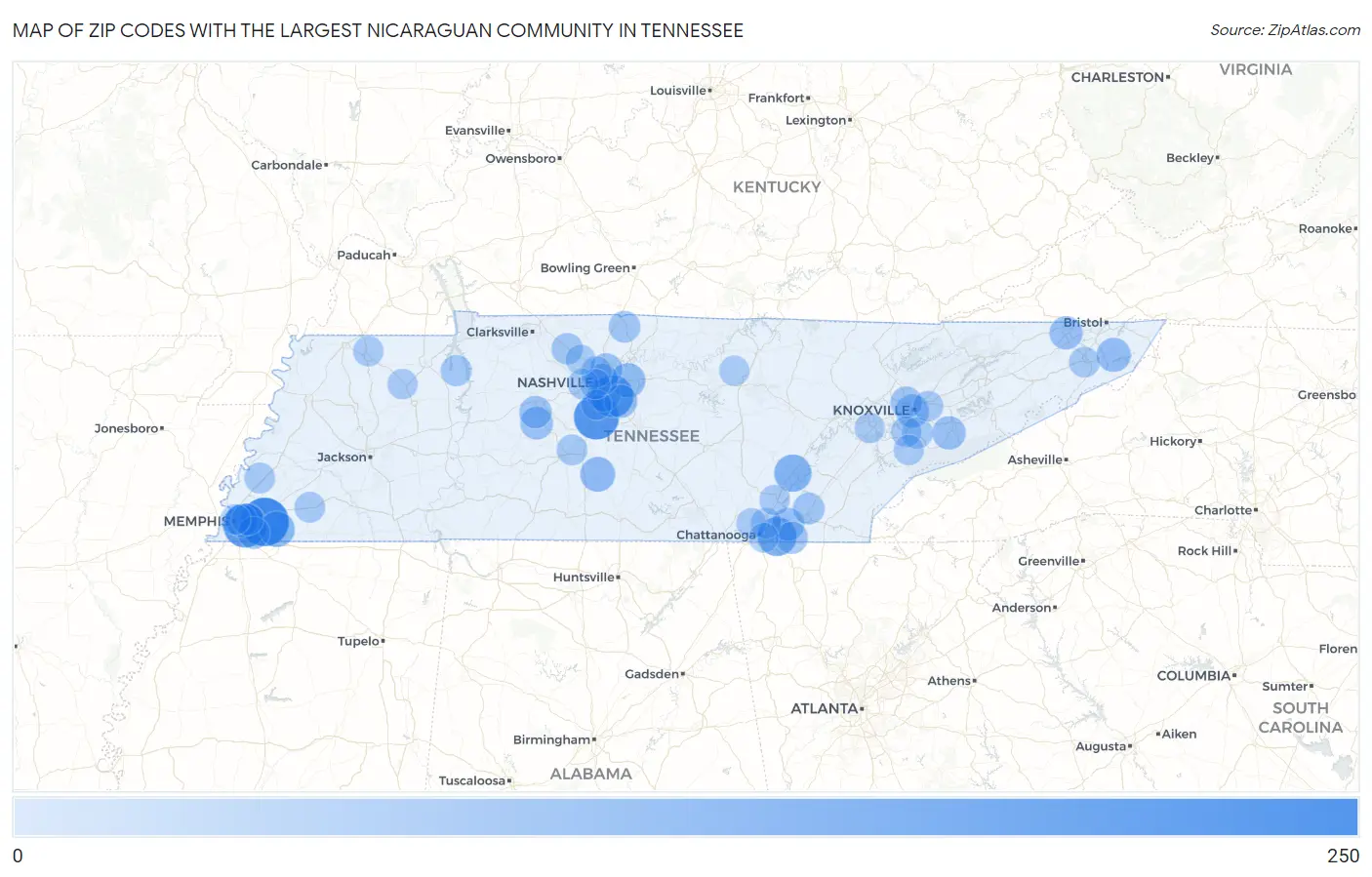 Zip Codes with the Largest Nicaraguan Community in Tennessee Map