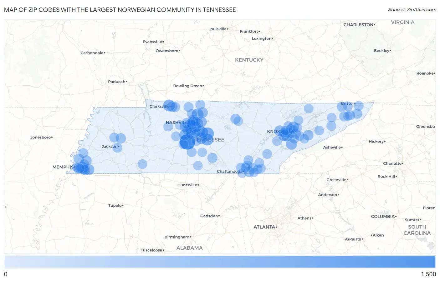 Zip Codes with the Largest Norwegian Community in Tennessee Map