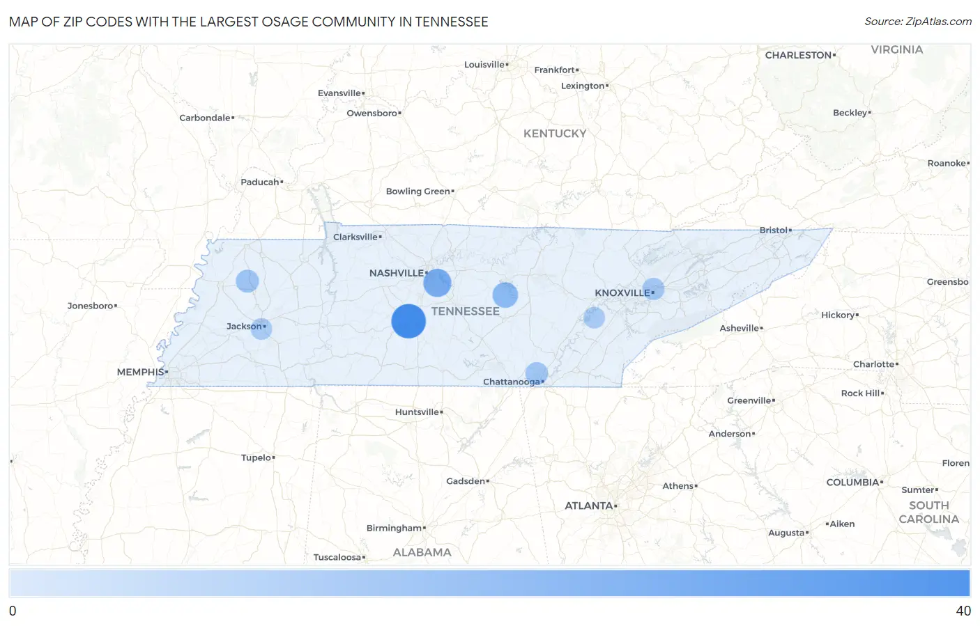 Zip Codes with the Largest Osage Community in Tennessee Map