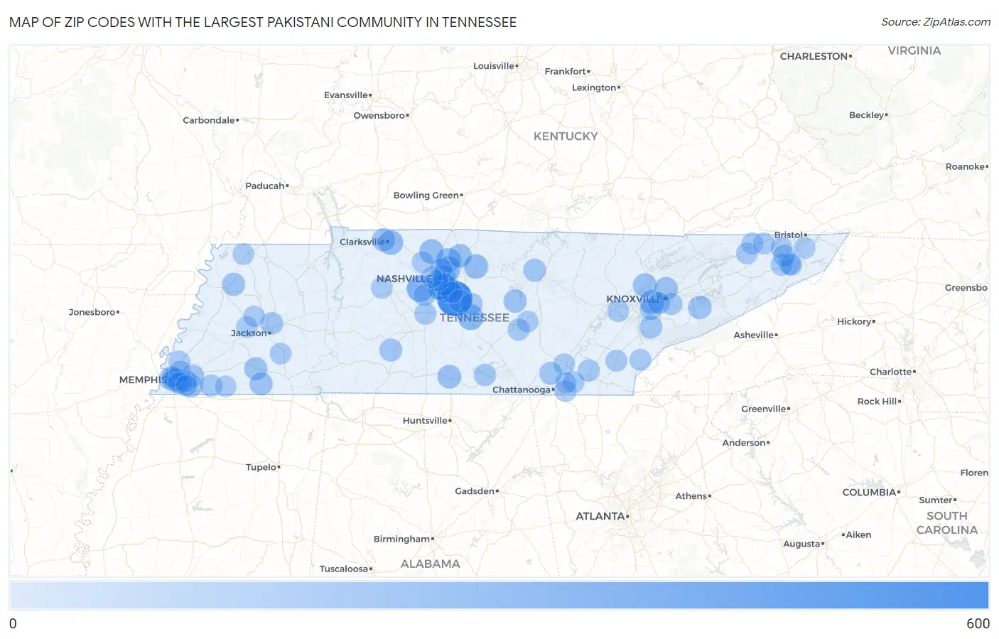 Zip Codes with the Largest Pakistani Community in Tennessee Map