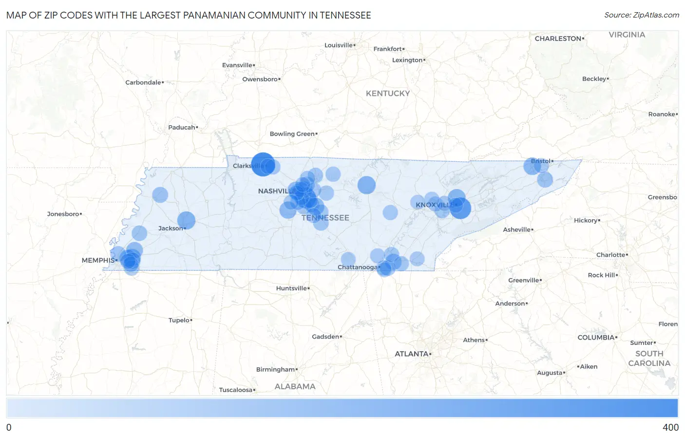 Zip Codes with the Largest Panamanian Community in Tennessee Map