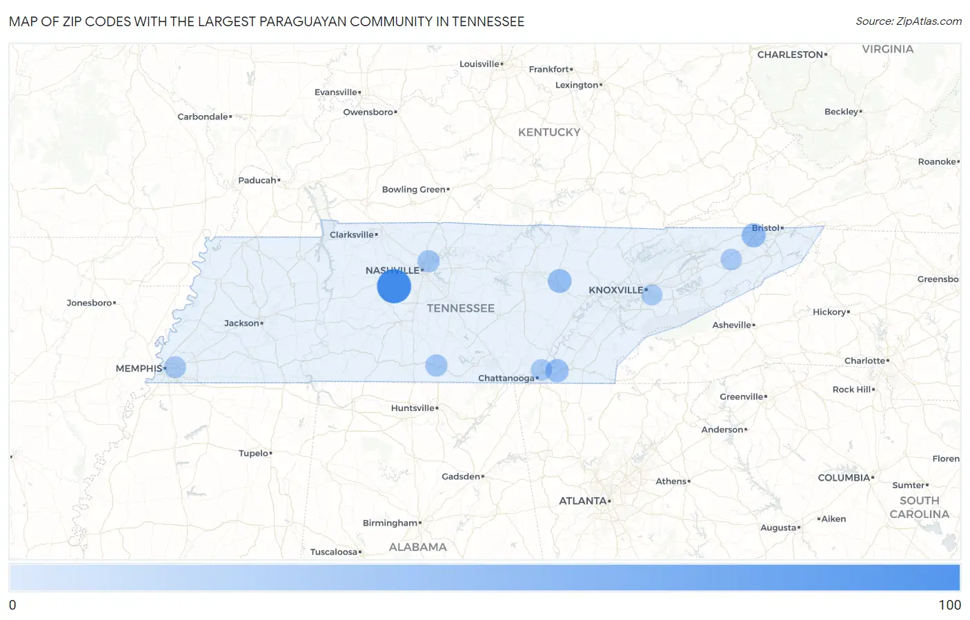 Zip Codes with the Largest Paraguayan Community in Tennessee Map