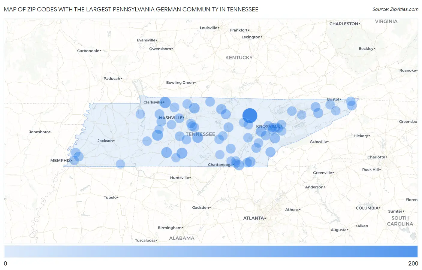 Zip Codes with the Largest Pennsylvania German Community in Tennessee Map