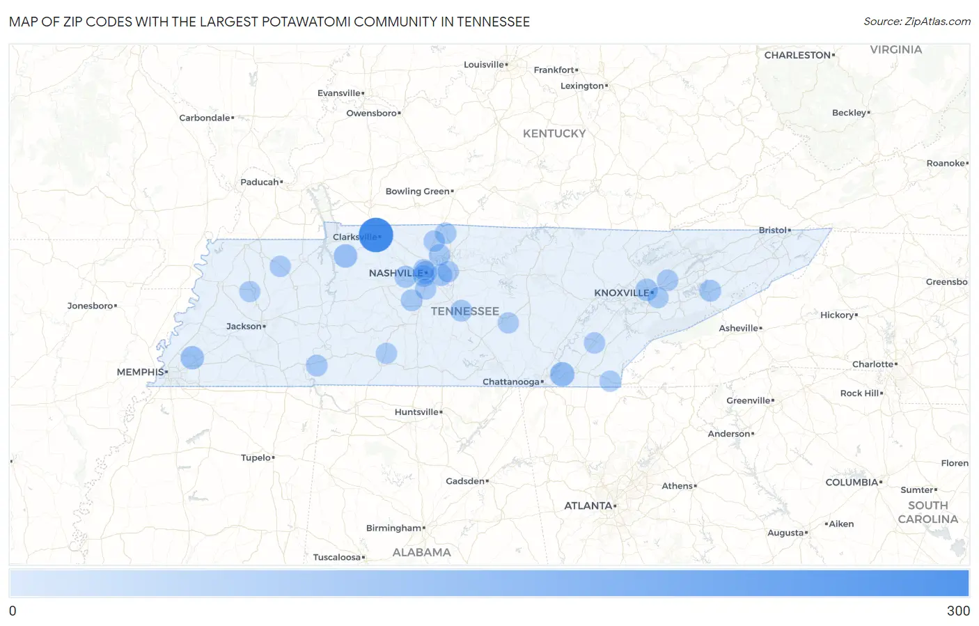 Zip Codes with the Largest Potawatomi Community in Tennessee Map