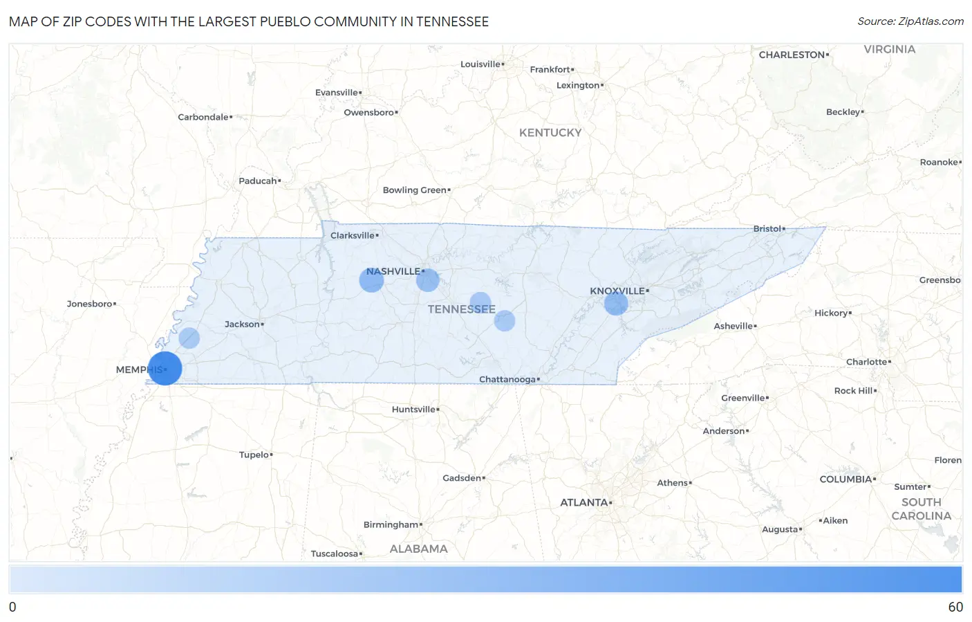 Zip Codes with the Largest Pueblo Community in Tennessee Map