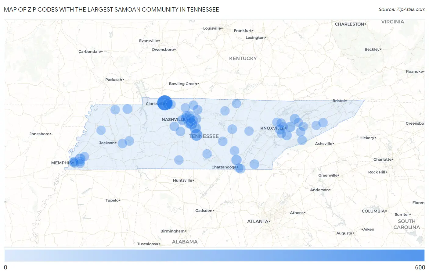 Zip Codes with the Largest Samoan Community in Tennessee Map